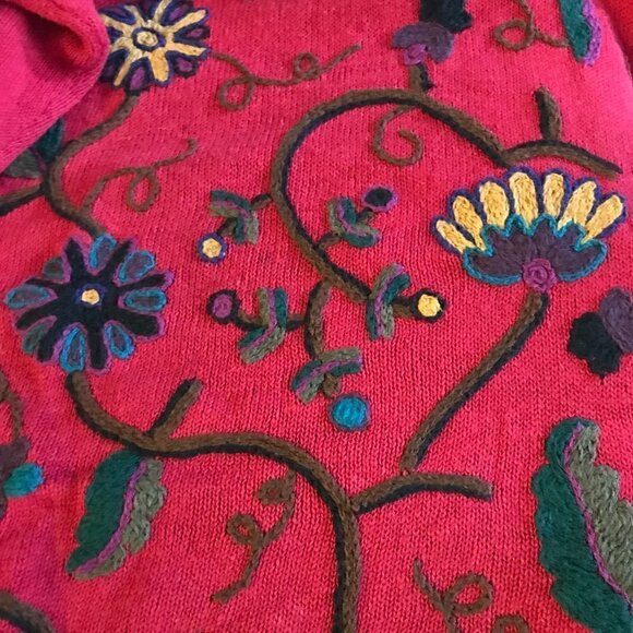 Innovation Sport Red Floral Hand Embroidered Cotton Tunic Sweater Size M - Picture 3 of 5